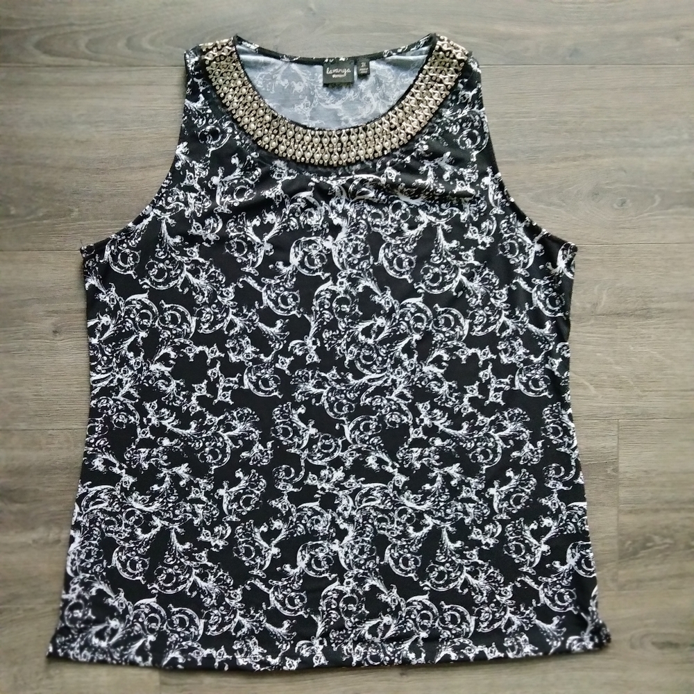 Lavanya Woman Black & White Beaded Embellished Sleeveless Tank Top Plus Size 2X